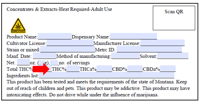 Example THC product label with red arrow pointing to THC%