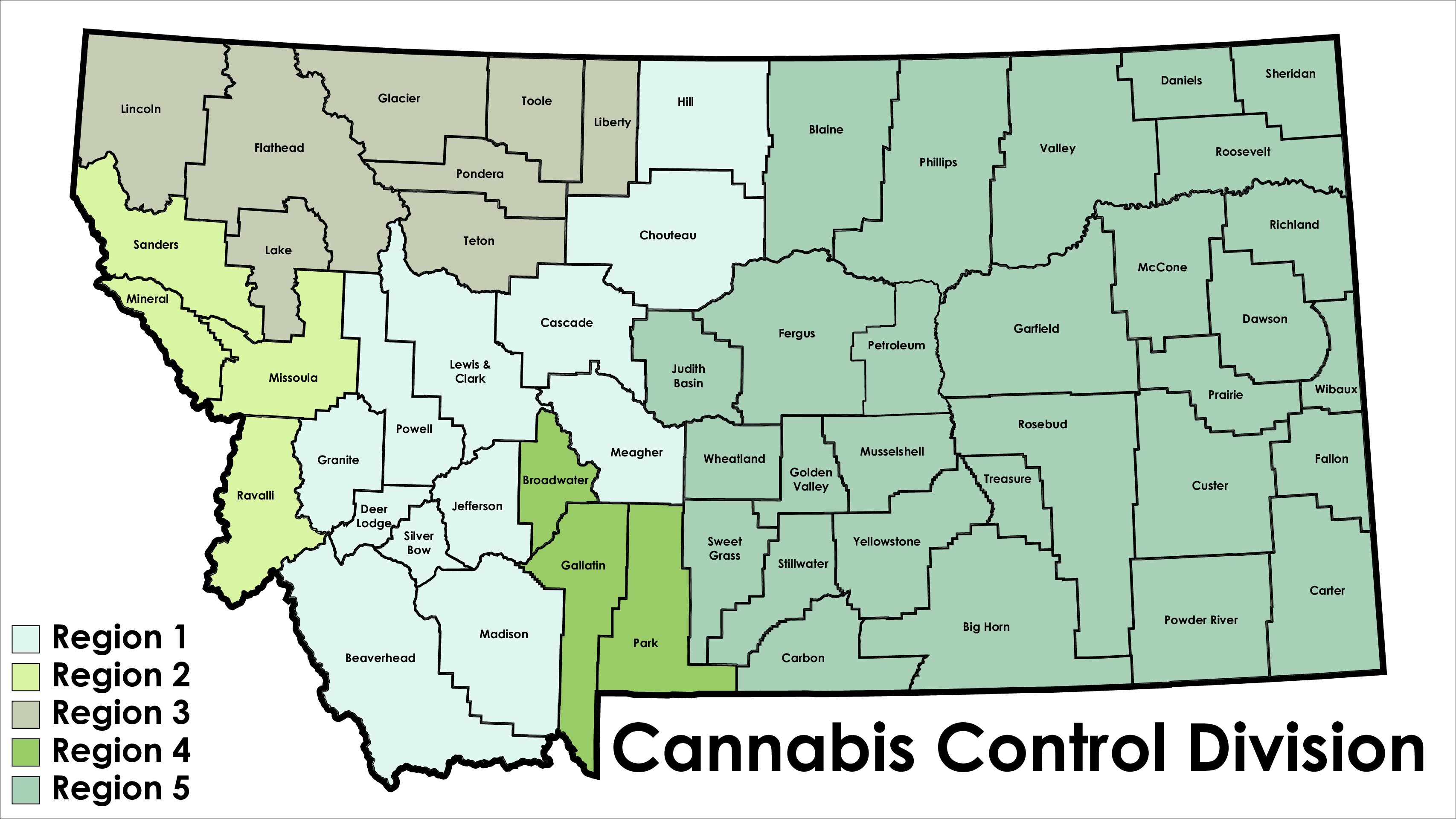 Map of Montana showing the different Cannabis Control Division regions