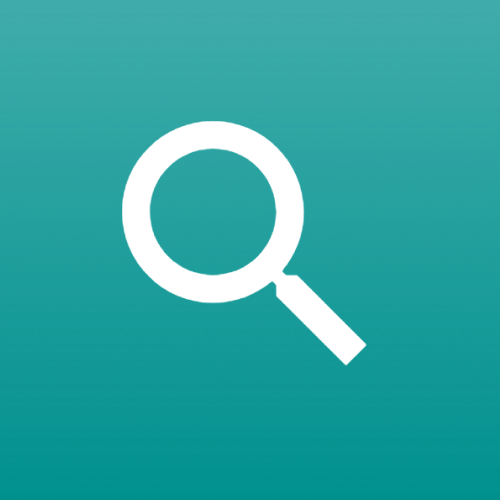 A magnifying glass symbol on a teal background