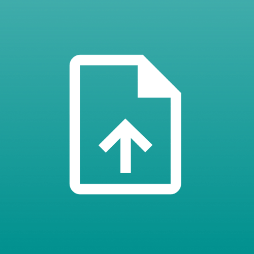 An upward-pointing arrow inside a document outline on a teal background, symbolizing file upload